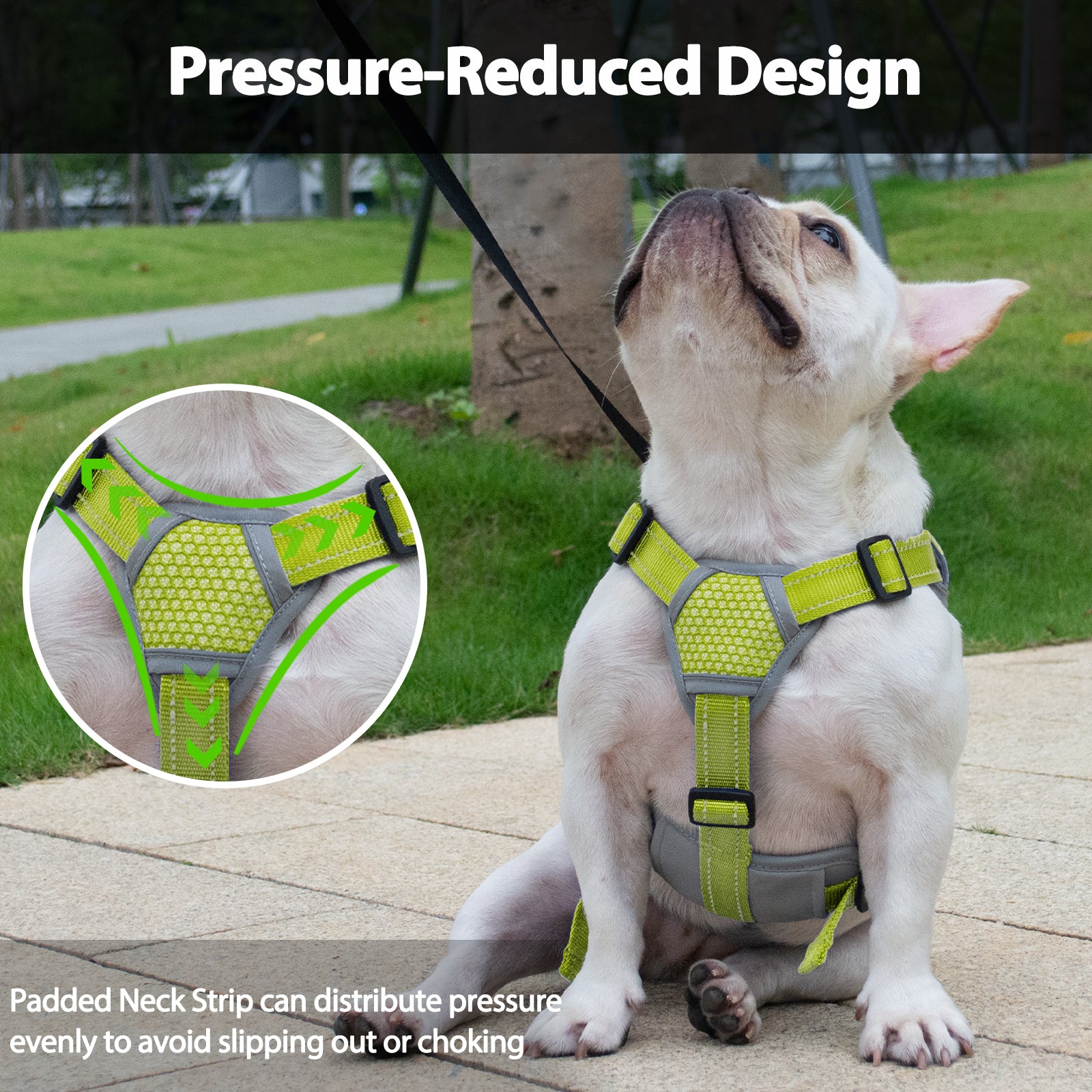 BackSecure Reflective Green dog harness handle and leash attachment details