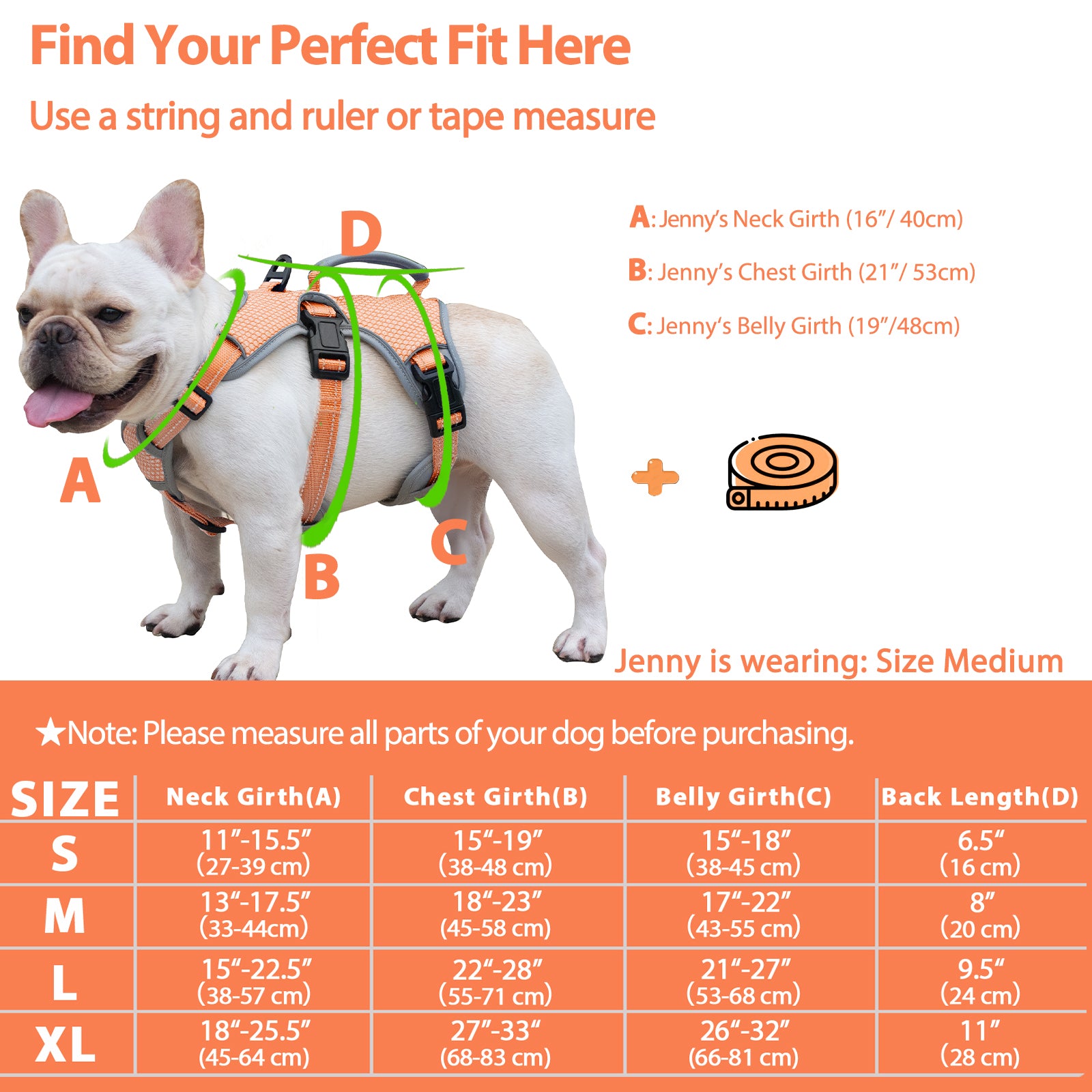 BackSecure Reflective Orange dog harness alternate product view and strap layout