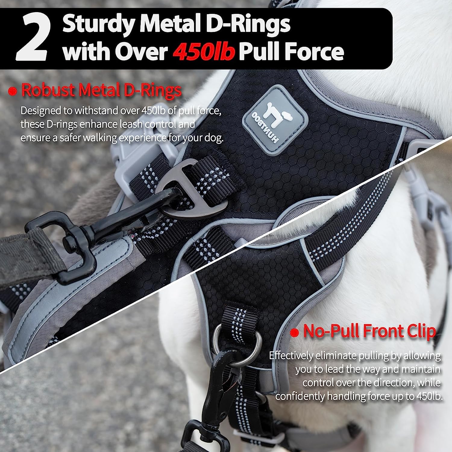 HalfGuardian Dustproof Black dog harness handle and leash attachment details
