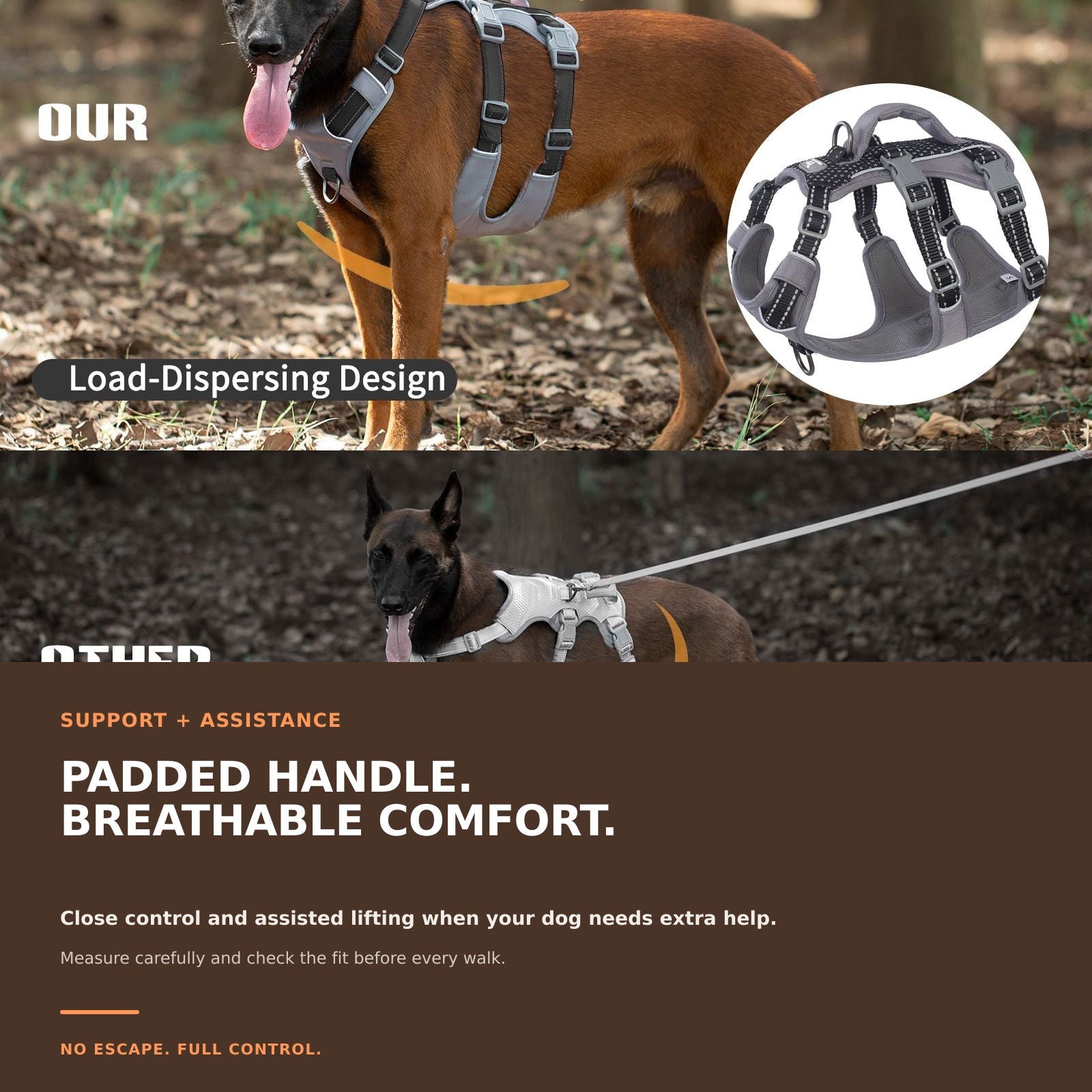 Huntboo AllShieldPro Reflective dog harness in black, padded comfort details #color_black