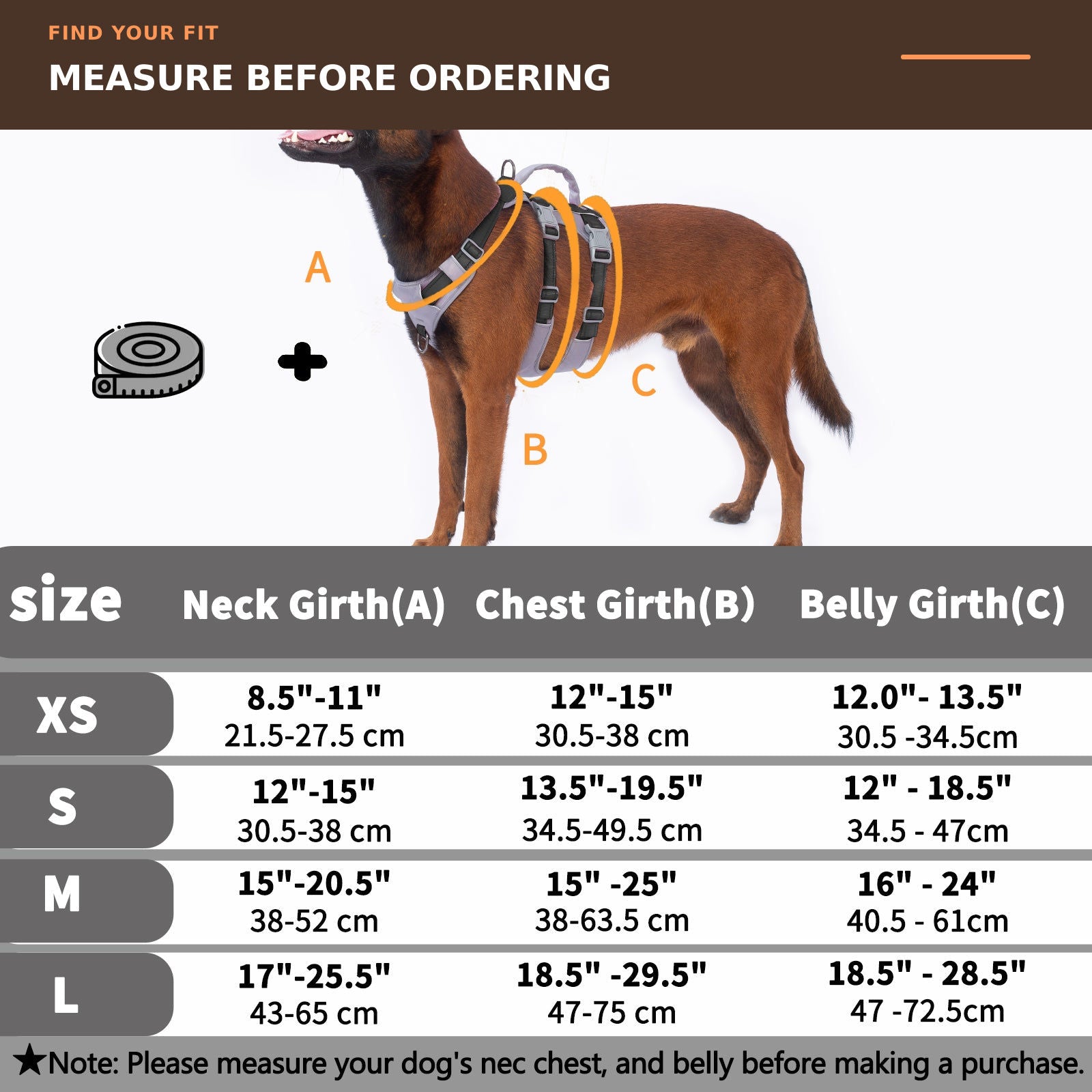 Huntboo AllShieldPro Reflective dog harness in black, size and measurement guide #color_black