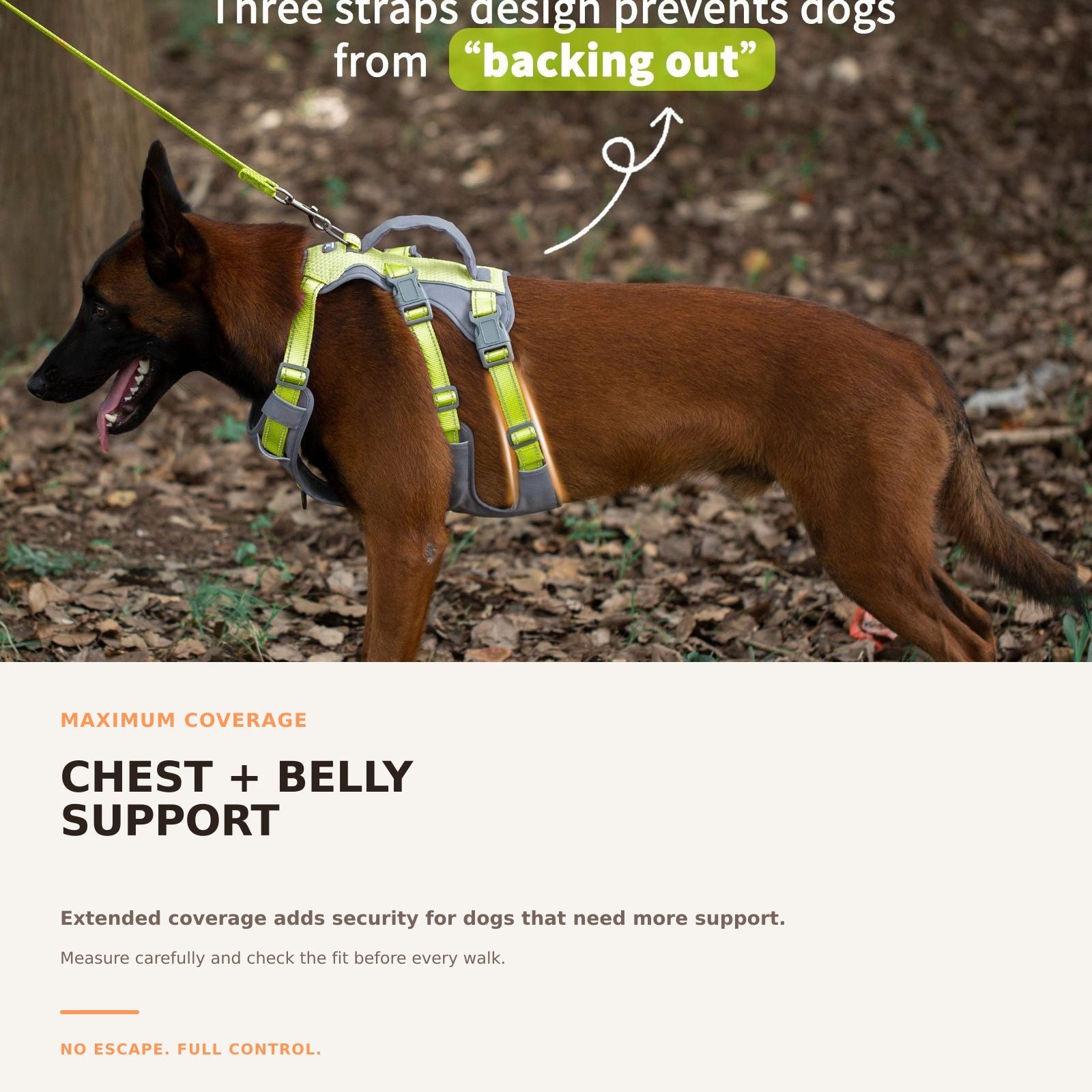 Huntboo AllShieldPro Reflective dog harness in bright green, secure coverage details #color_bright green