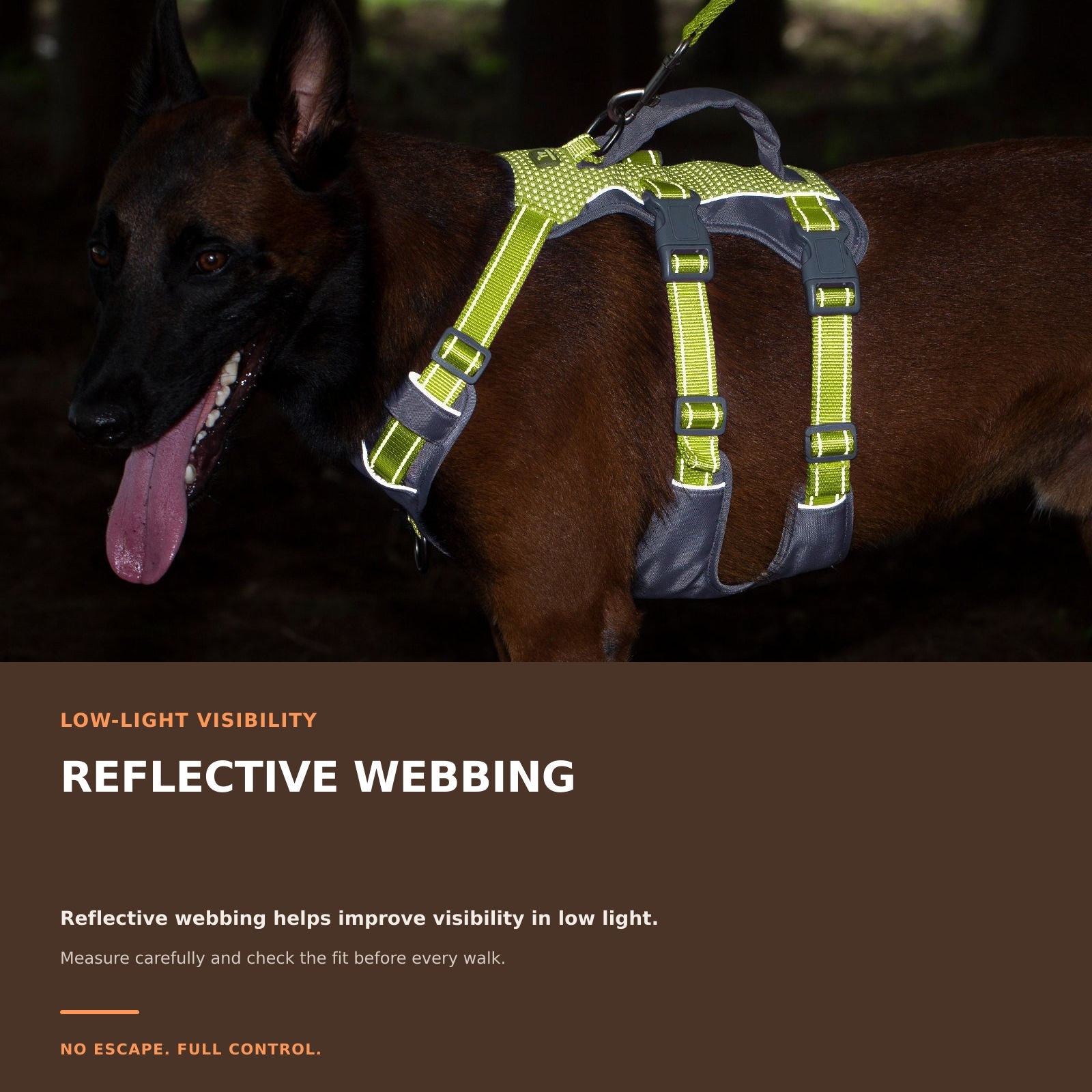 Huntboo AllShieldPro Reflective dog harness in bright green, key feature details #color_bright green