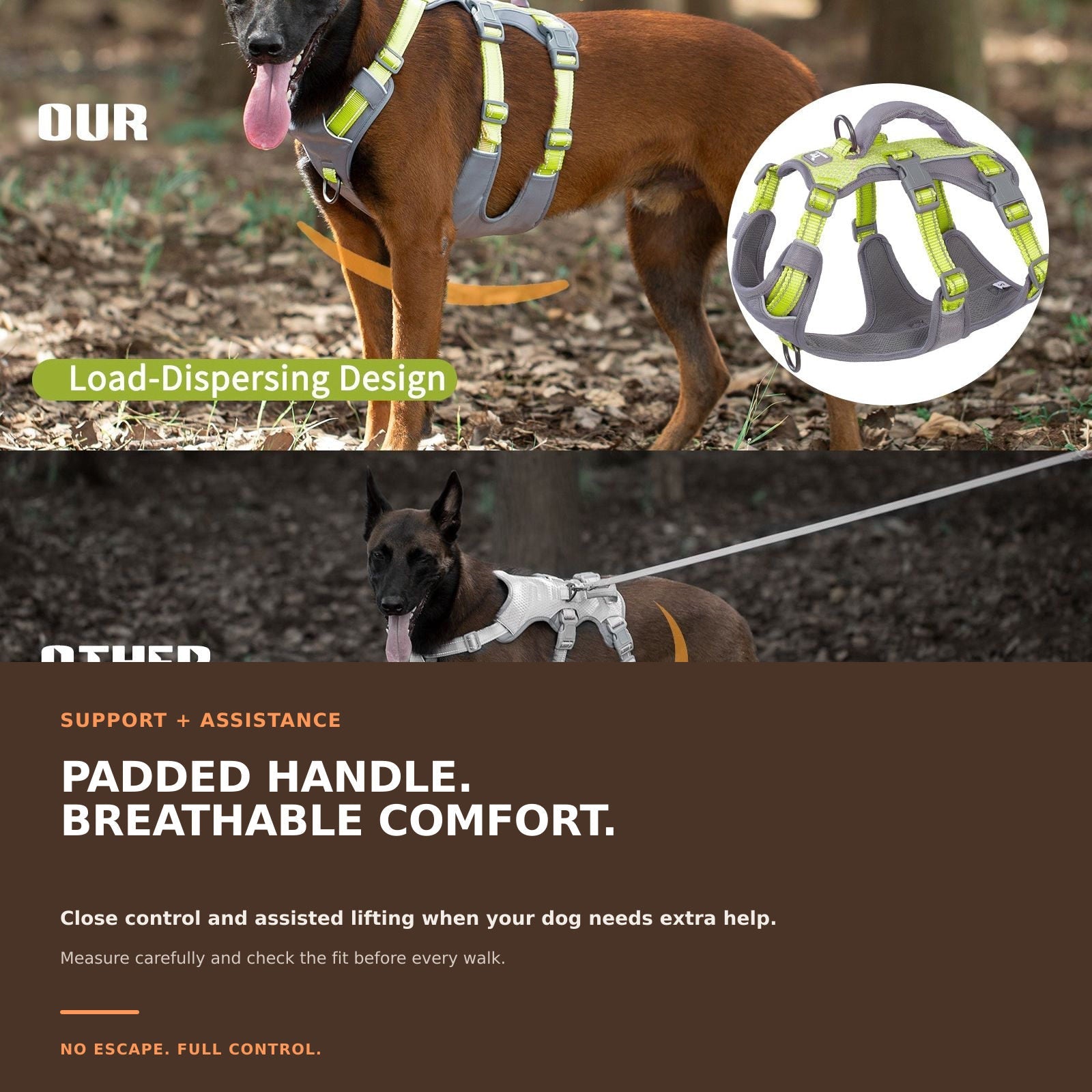 Huntboo AllShieldPro Reflective dog harness in bright green, padded comfort details #color_bright green