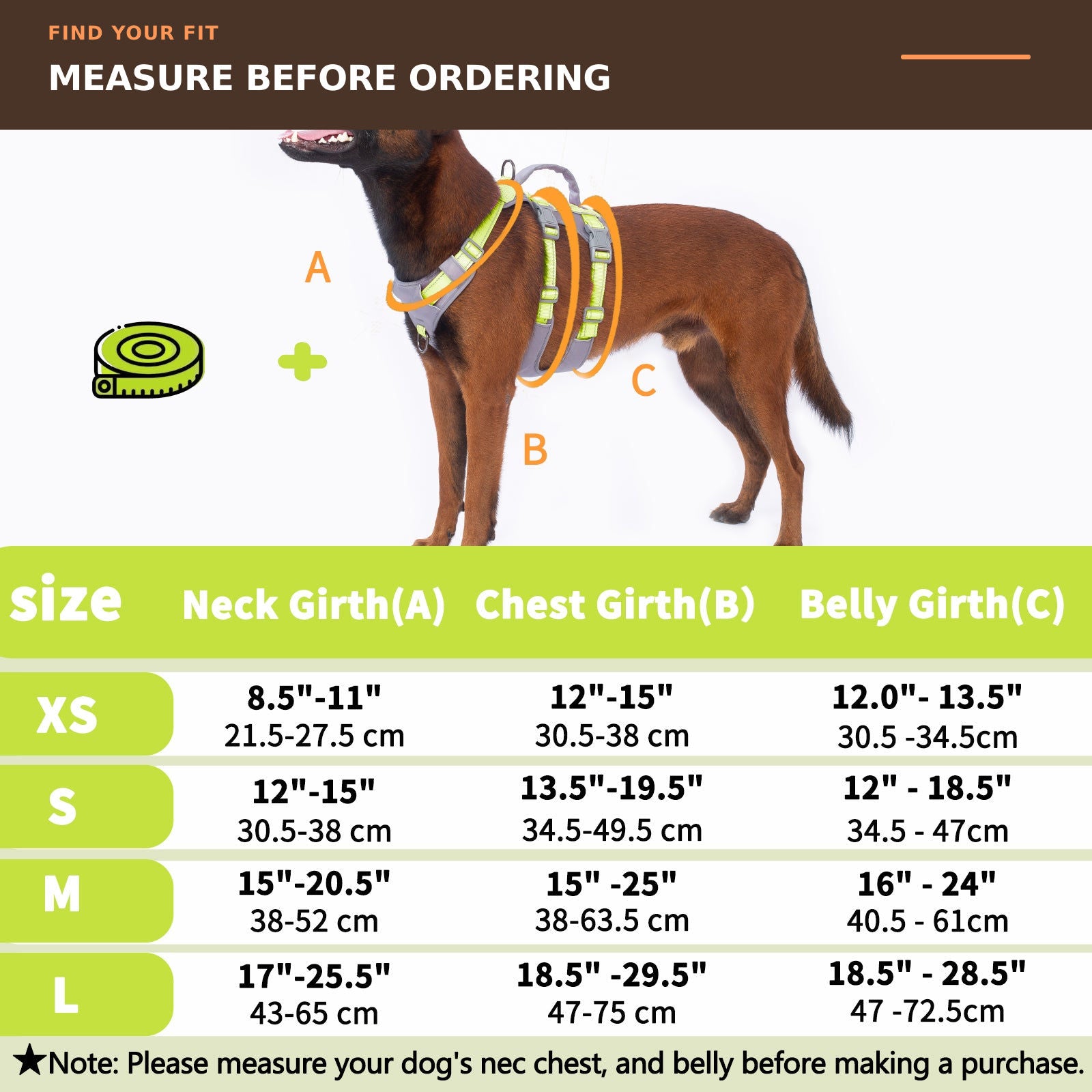 Huntboo AllShieldPro Reflective dog harness in bright green, size and measurement guide #color_bright green