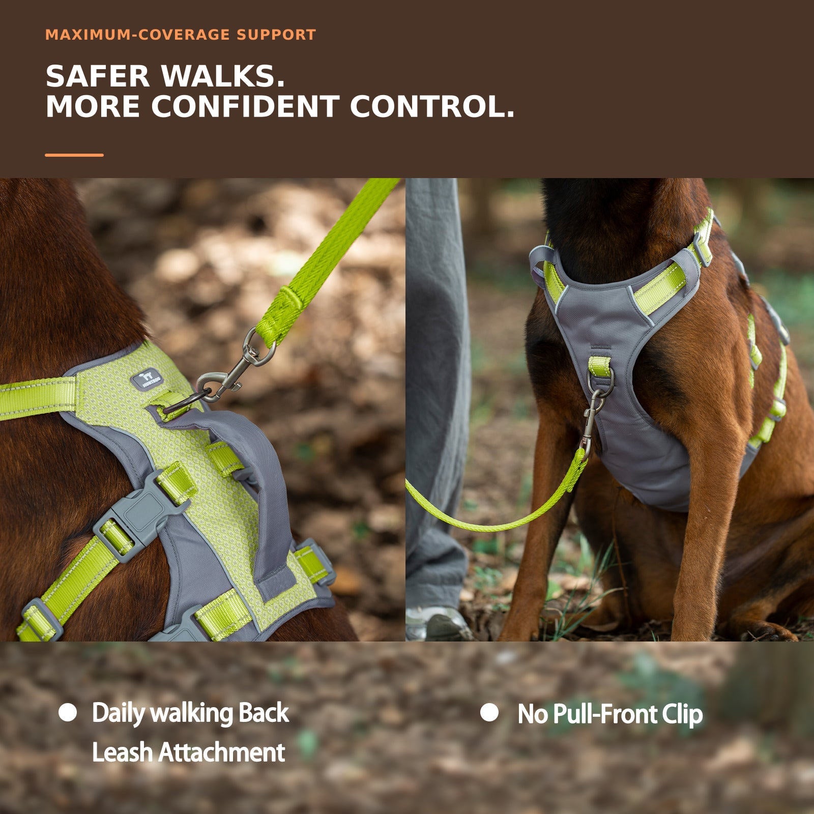 Huntboo AllShieldPro Reflective dog harness in bright green, worn by a dog outdoors #color_bright green