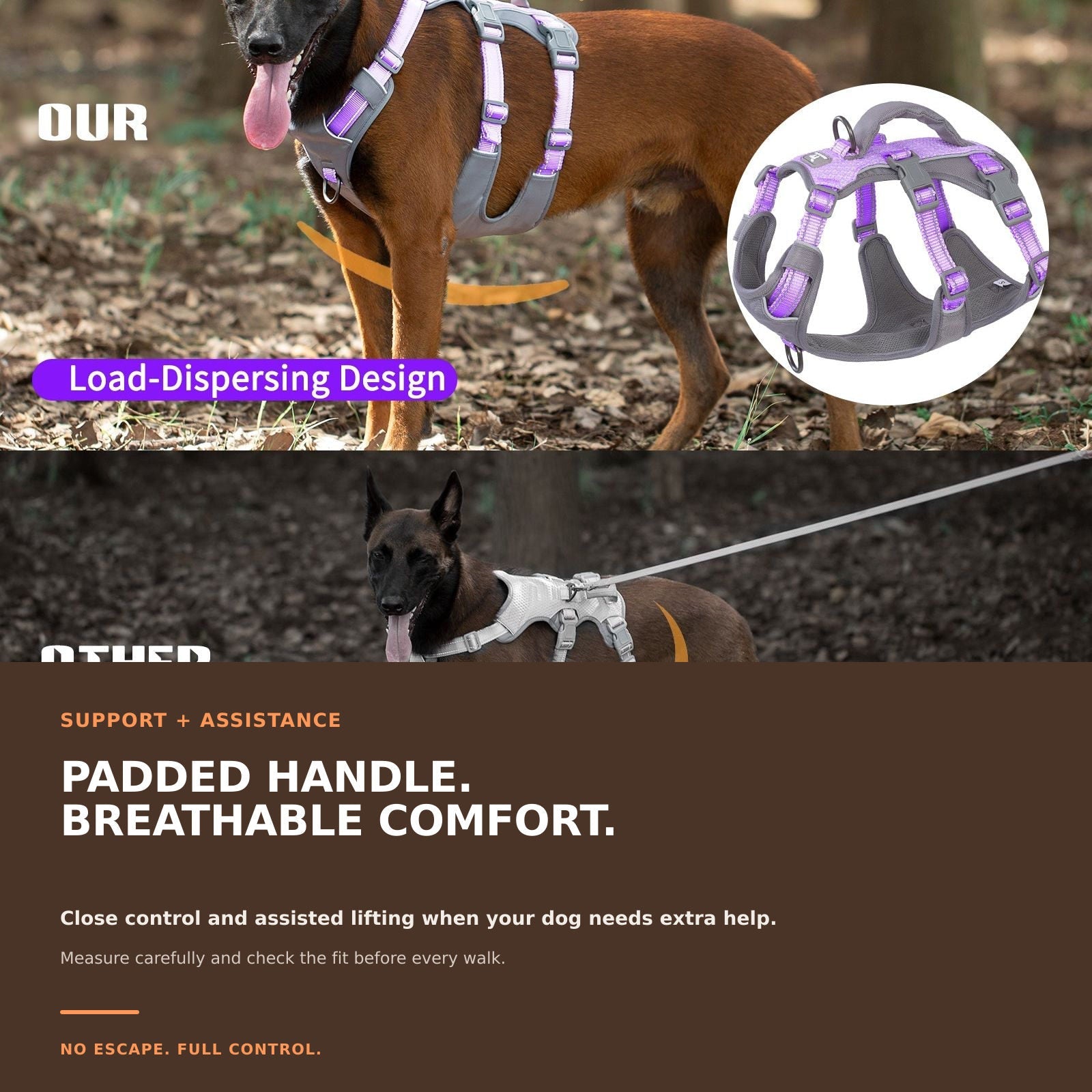 Huntboo AllShieldPro Reflective dog harness in lavender purple, padded comfort details #color_lavender purple