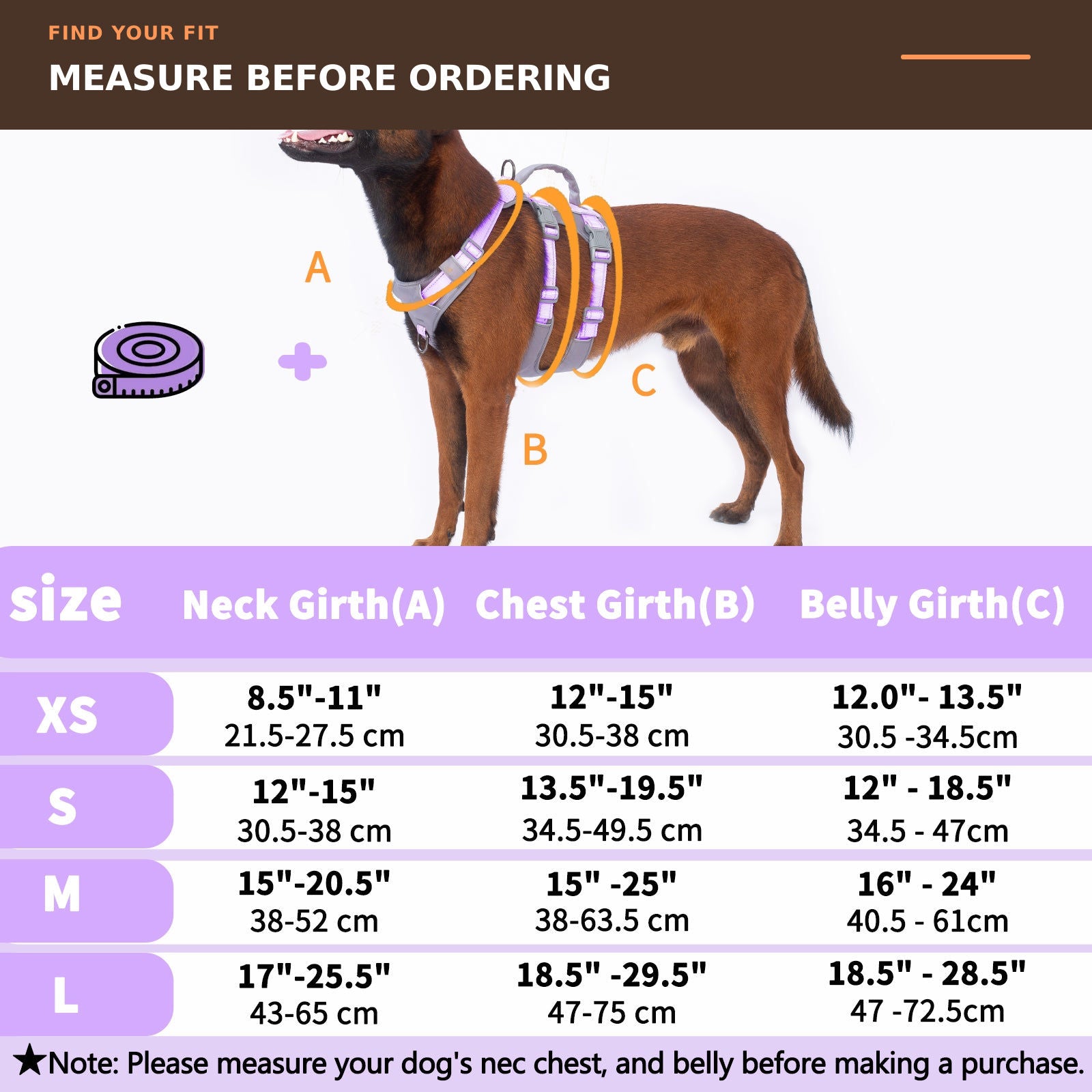 Huntboo AllShieldPro Reflective dog harness in lavender purple, size and measurement guide #color_lavender purple