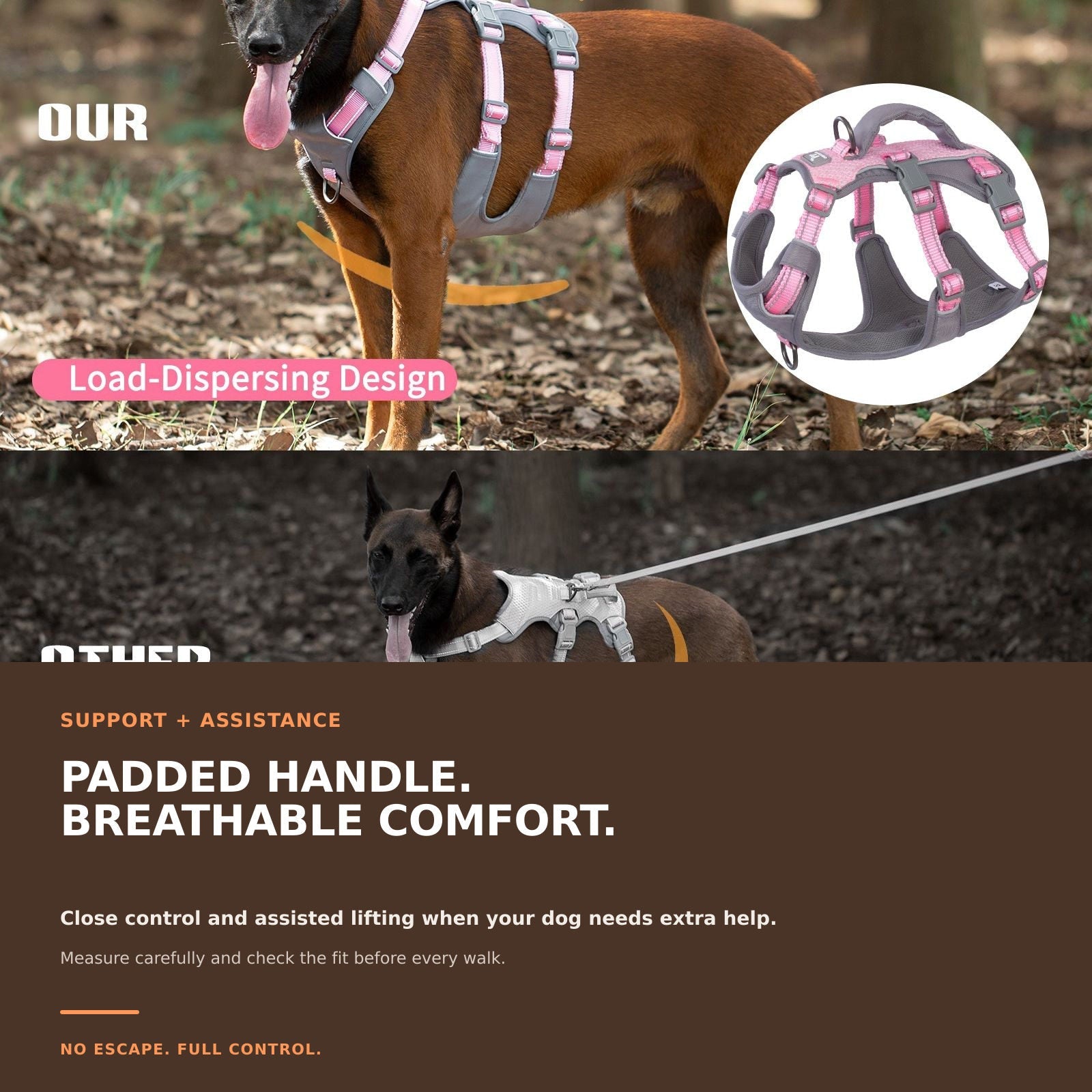 Huntboo AllShieldPro Reflective dog harness in light pink, padded comfort details #color_light pink