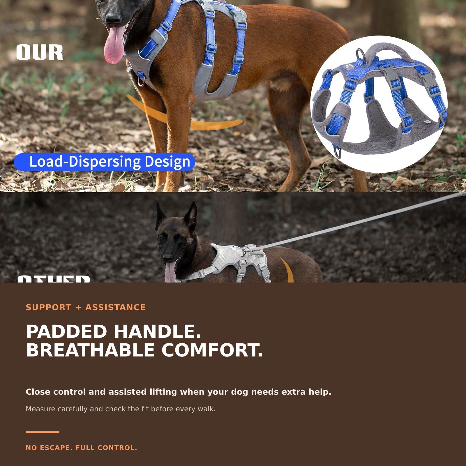 Huntboo AllShieldPro Reflective dog harness in sea blue, padded comfort details #color_sea blue