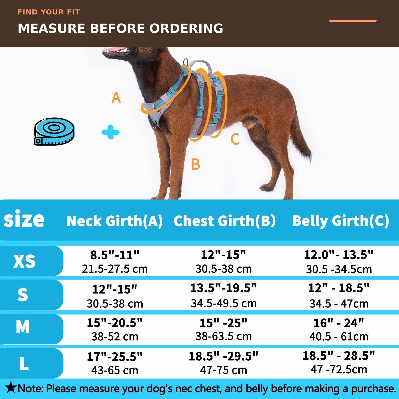 Huntboo AllShieldPro Reflective dog harness in teal blue, size and measurement guide #color_teal blue