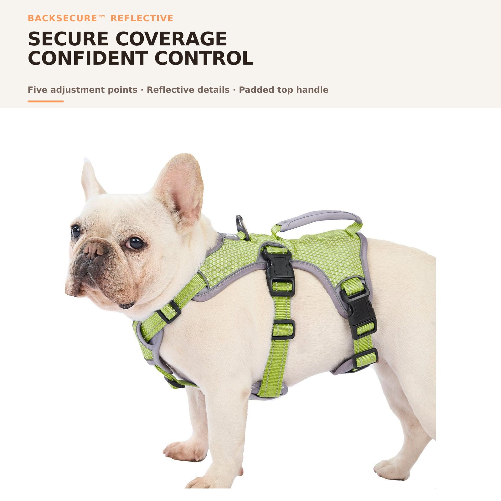 Huntboo BackSecure Reflective dog harness in green, overall fit and coverage #color_green
