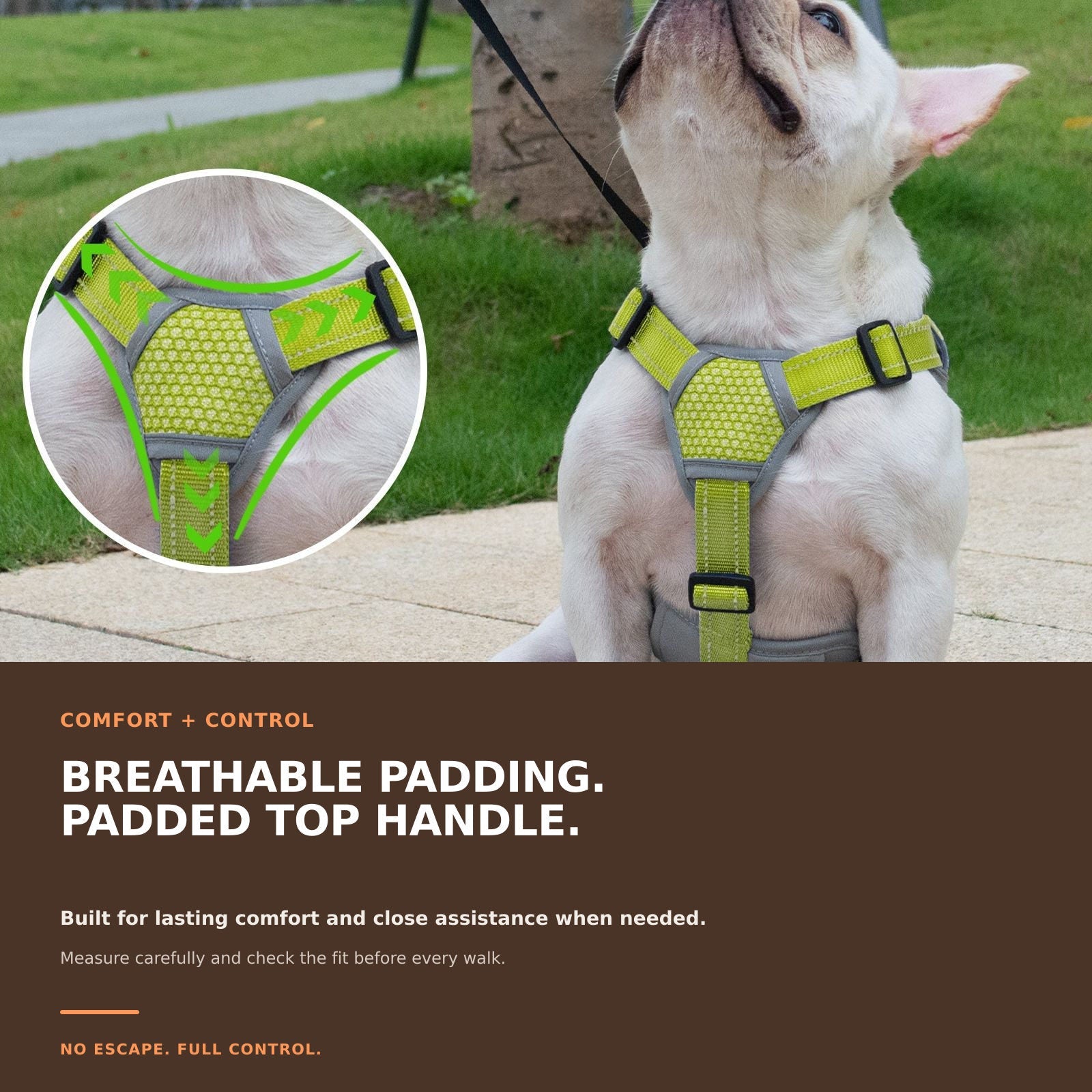 Huntboo BackSecure Reflective dog harness in green, padded comfort details #color_green
