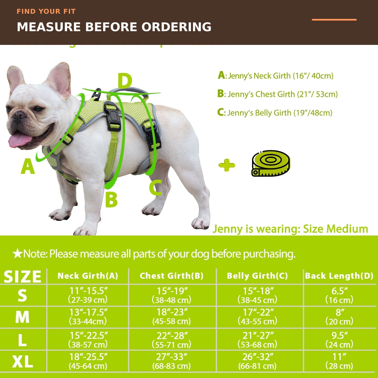 Huntboo BackSecure Reflective dog harness in green, size and measurement guide #color_green