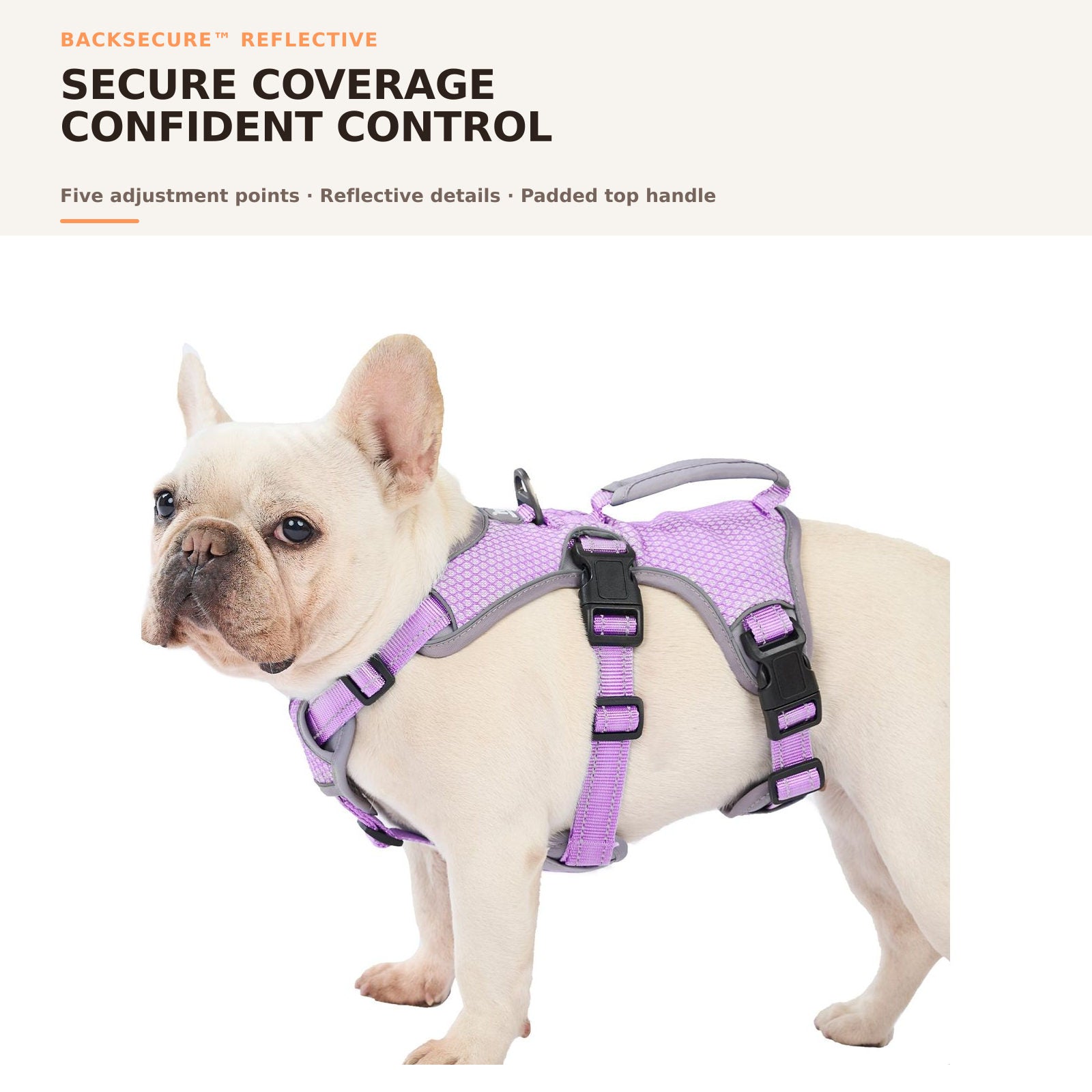 Huntboo BackSecure Reflective dog harness in lavender purple, overall fit and coverage #color_lavender purple