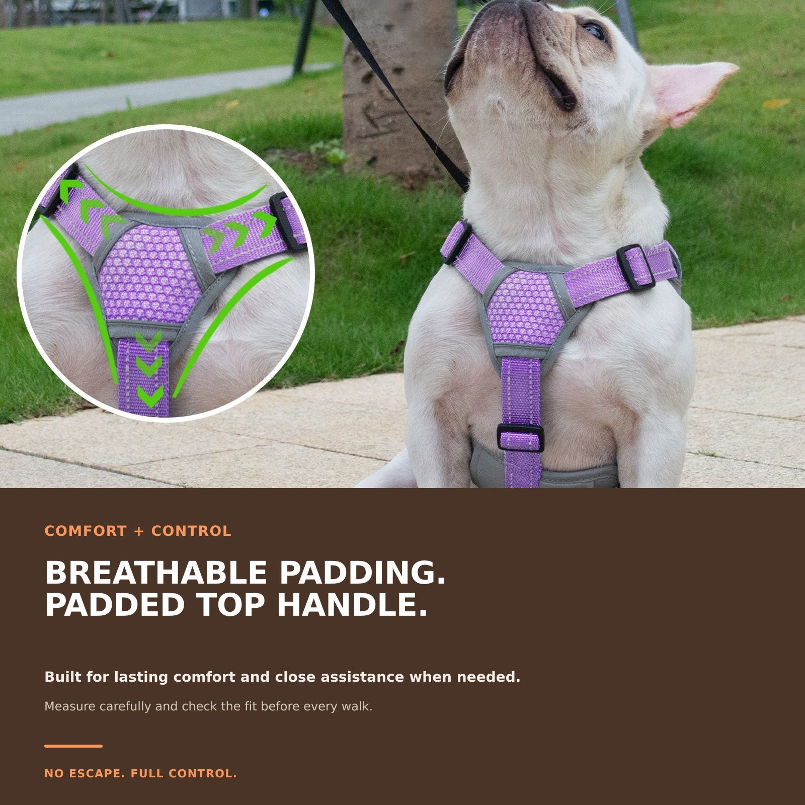 Huntboo BackSecure Reflective dog harness in lavender purple, padded comfort details #color_lavender purple