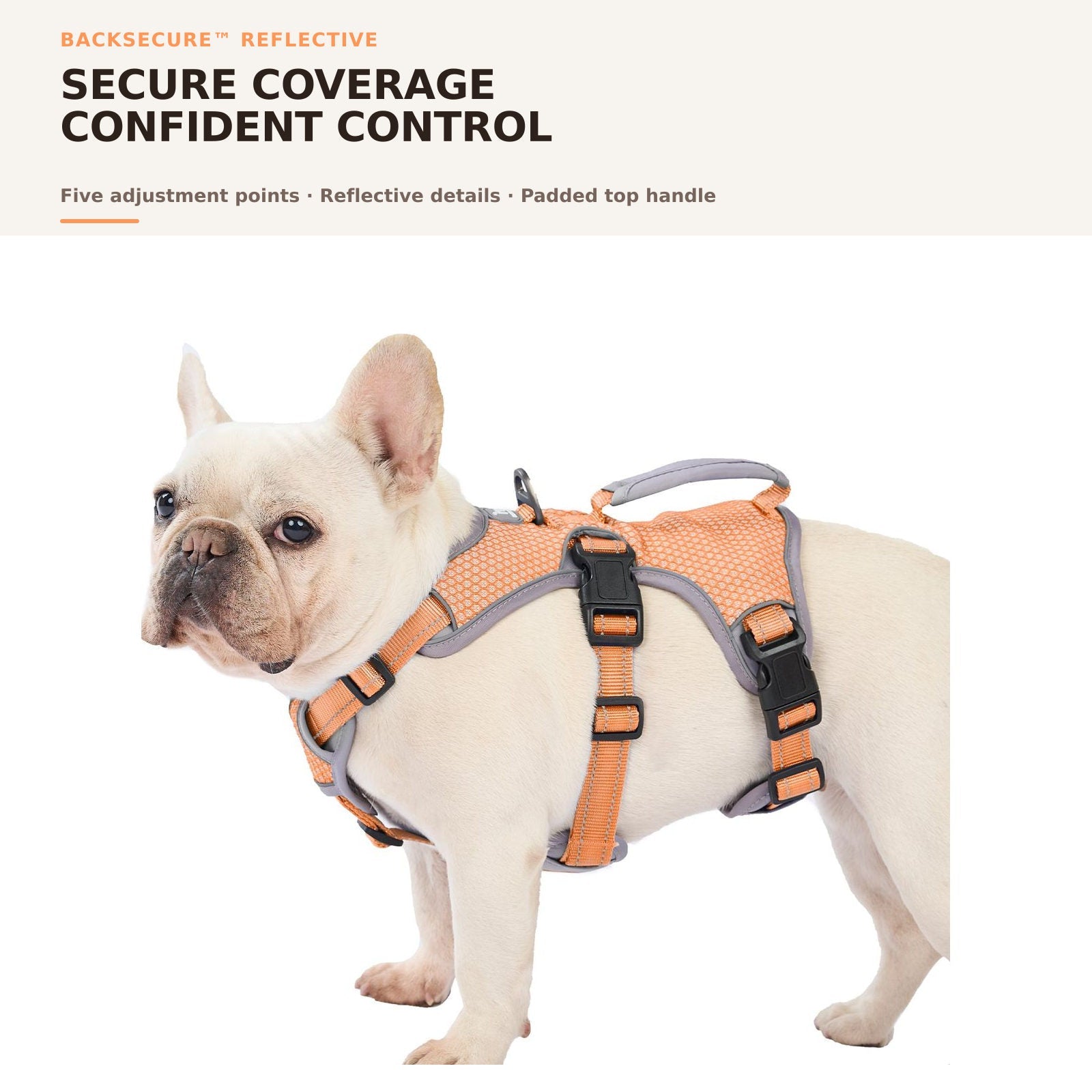 Huntboo BackSecure Reflective dog harness in orange, overall fit and coverage #color_orange
