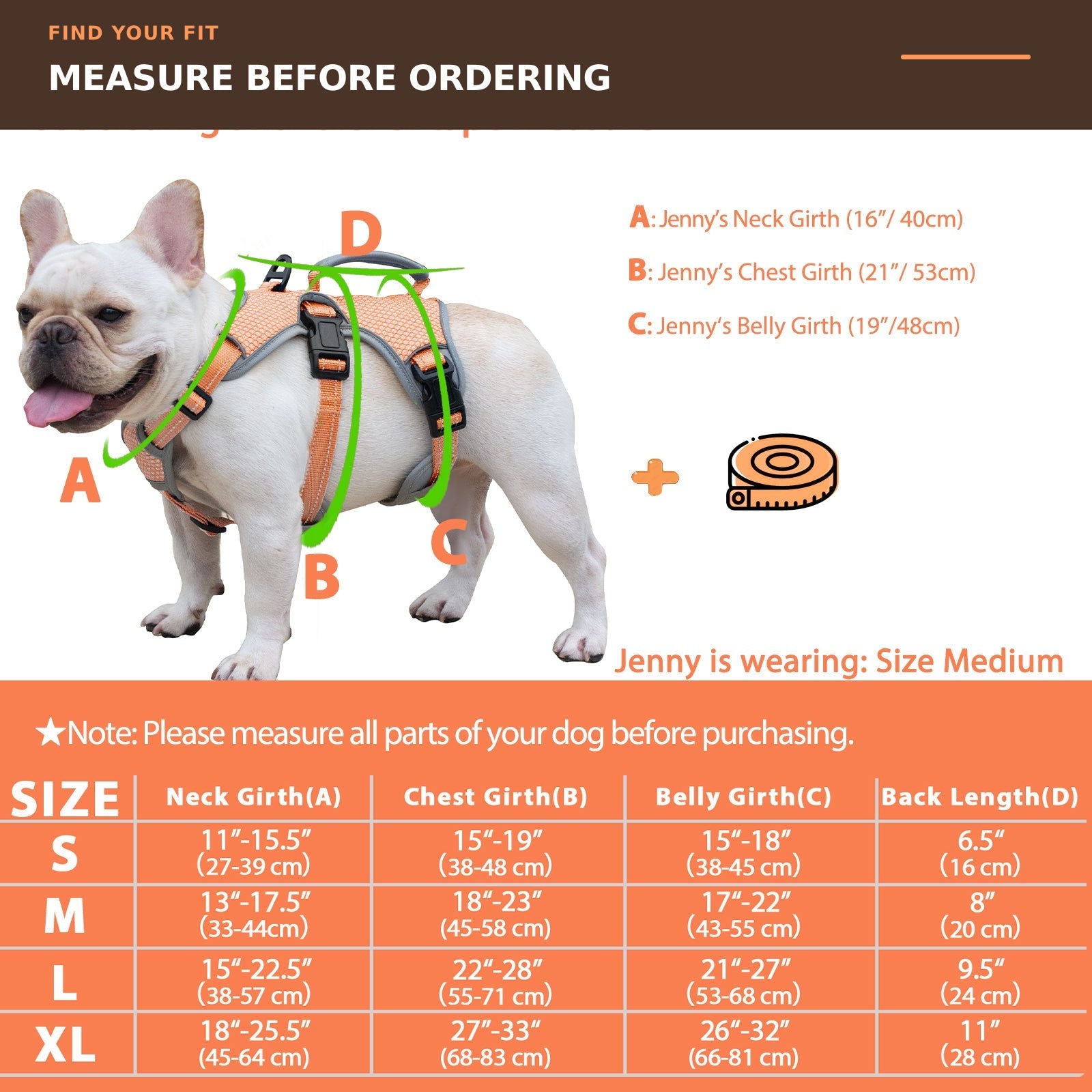 Huntboo BackSecure Reflective dog harness in orange, size and measurement guide #color_orange