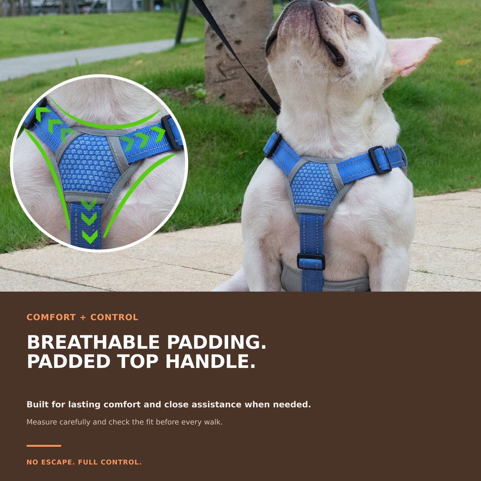 Huntboo BackSecure Reflective dog harness in sea blue, padded comfort details #color_sea blue