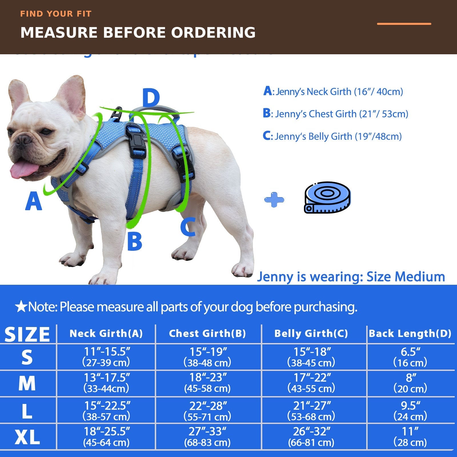 Huntboo BackSecure Reflective dog harness in sea blue, size and measurement guide #color_sea blue