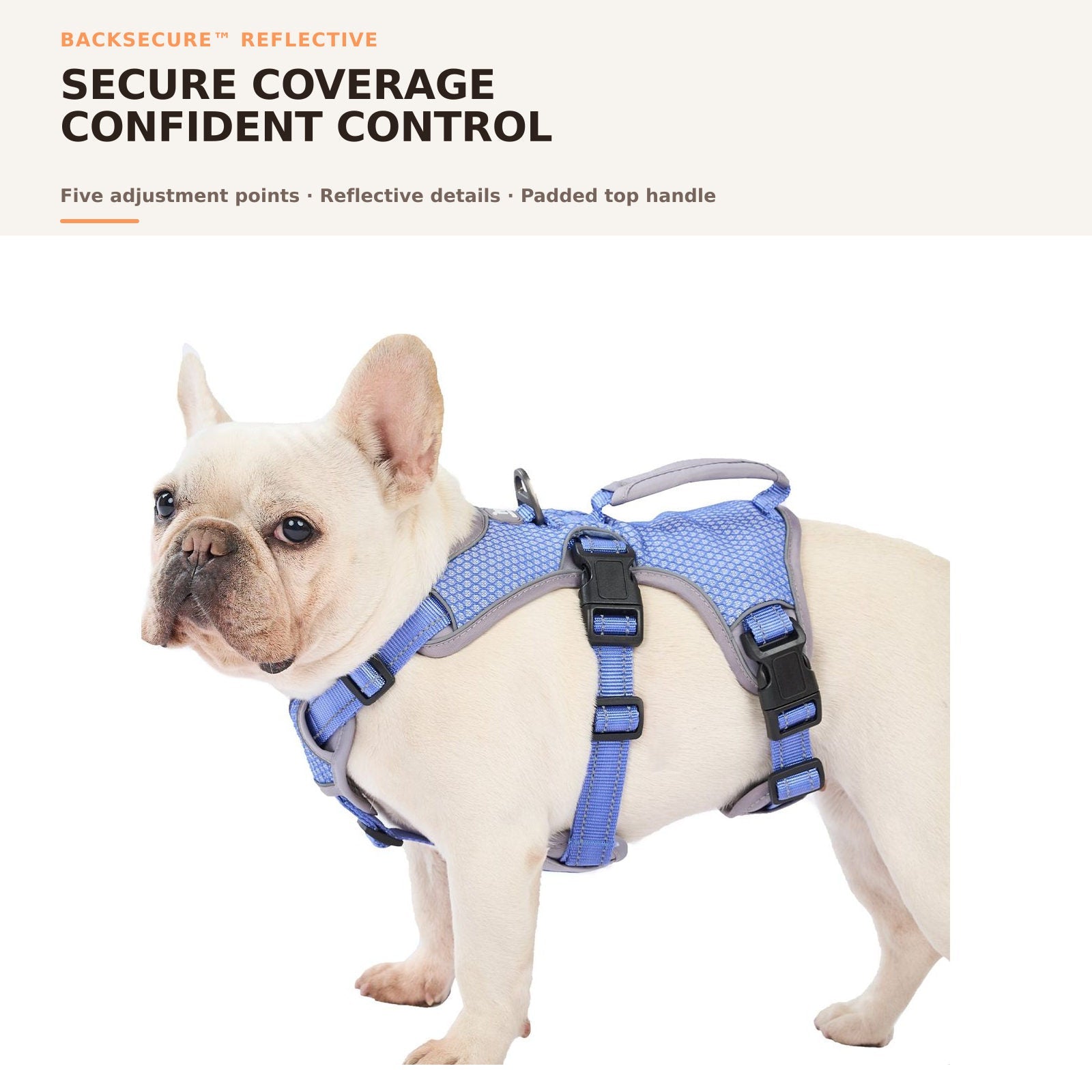 Huntboo BackSecure Reflective dog harness in tech blue, overall fit and coverage #color_tech blue