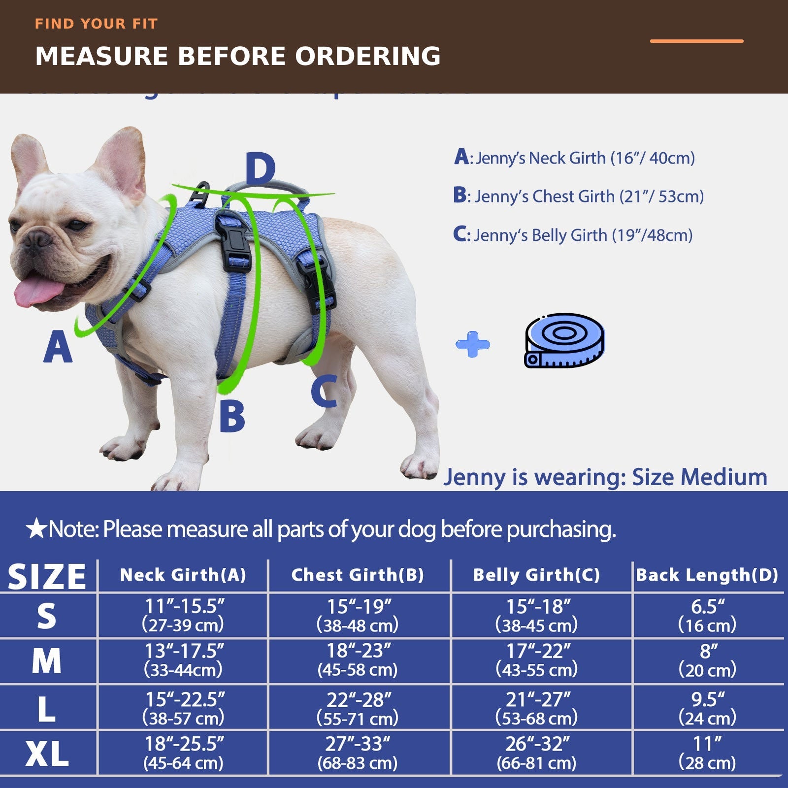 Huntboo BackSecure Reflective dog harness in tech blue, size and measurement guide #color_tech blue