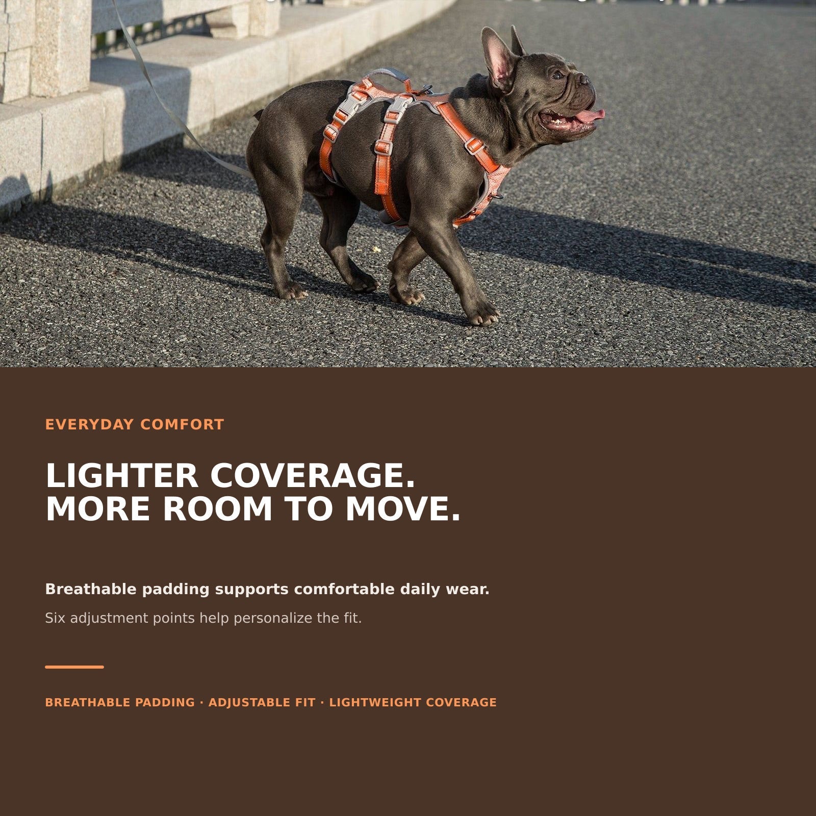Huntboo HalfGuardian Reflective escape-proof dog harness in bright orange, padded everyday comfort details #color_bright orange