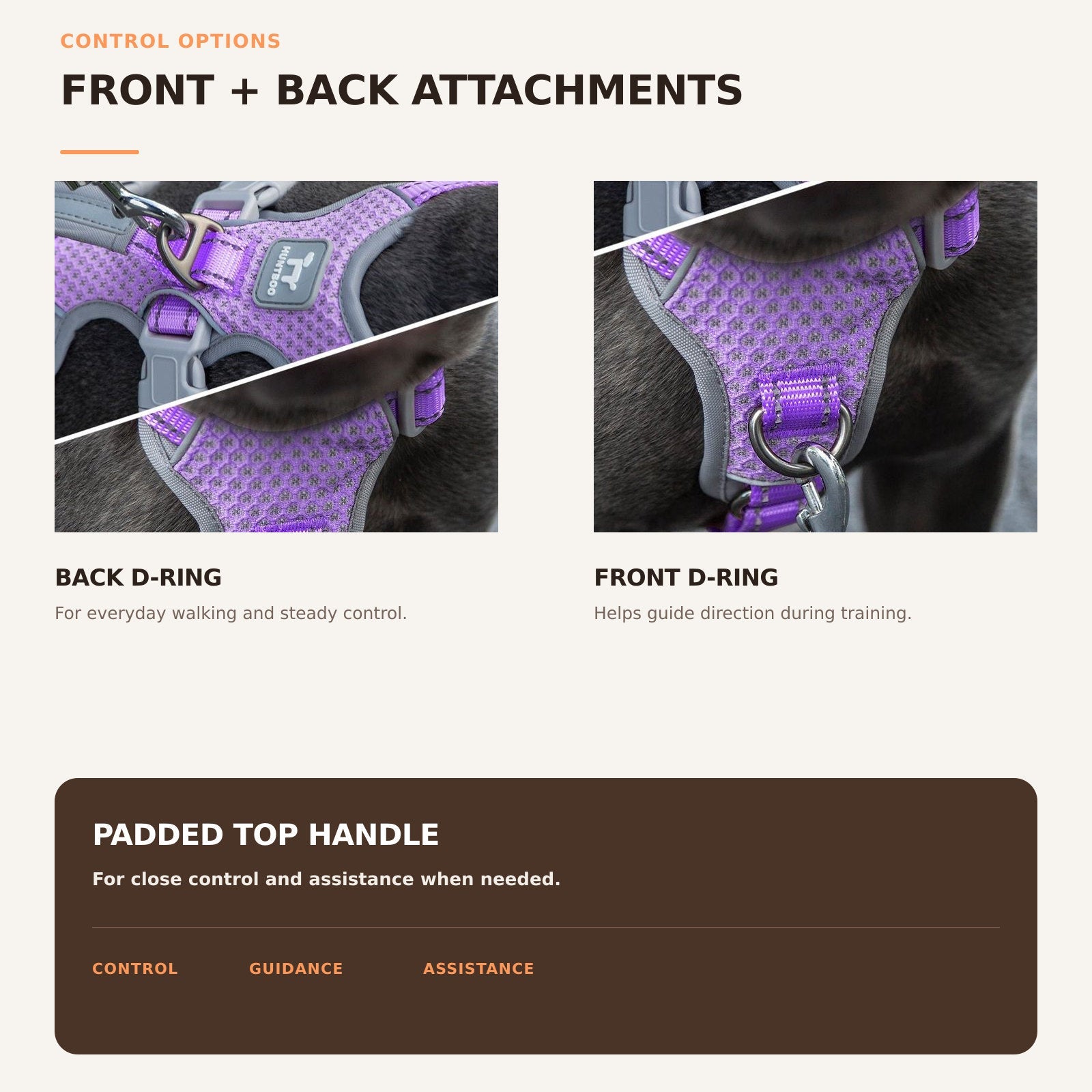 Huntboo HalfGuardian Reflective escape-proof dog harness in lavender purple, front and back leash control options #color_lavender purple