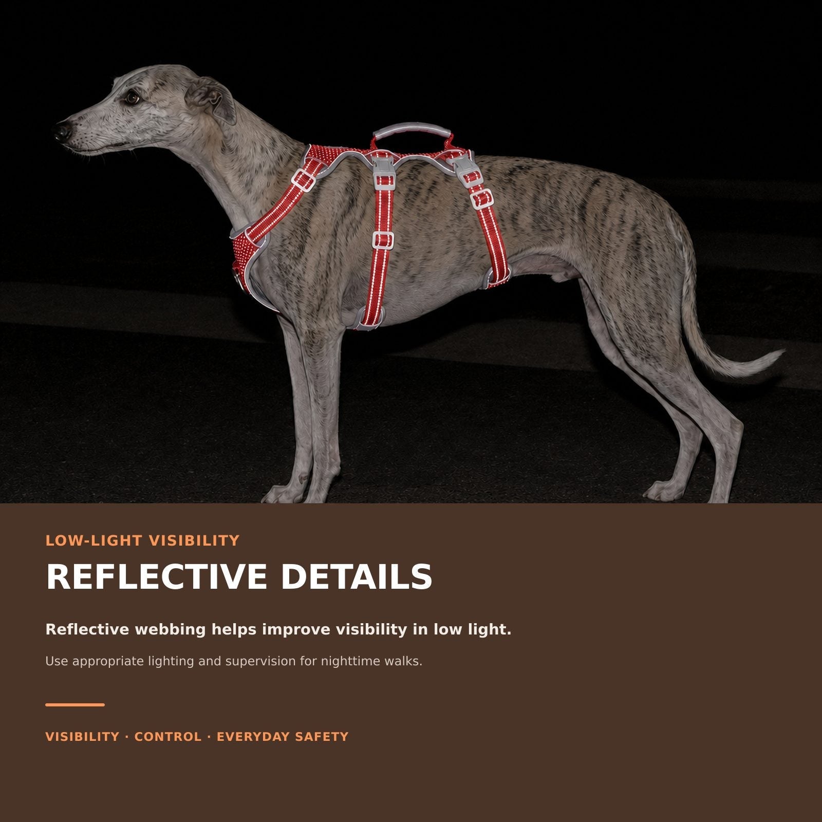 Huntboo HalfGuardian Reflective escape-proof dog harness in red, reflective visibility details #color_red