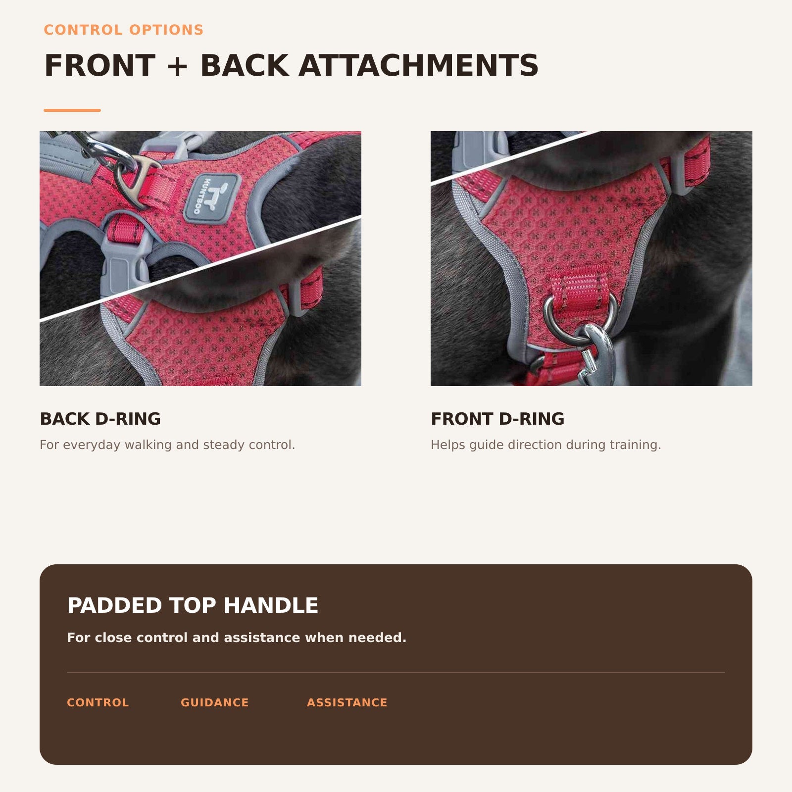 Huntboo HalfGuardian Reflective escape-proof dog harness in red, front and back leash control options #color_red