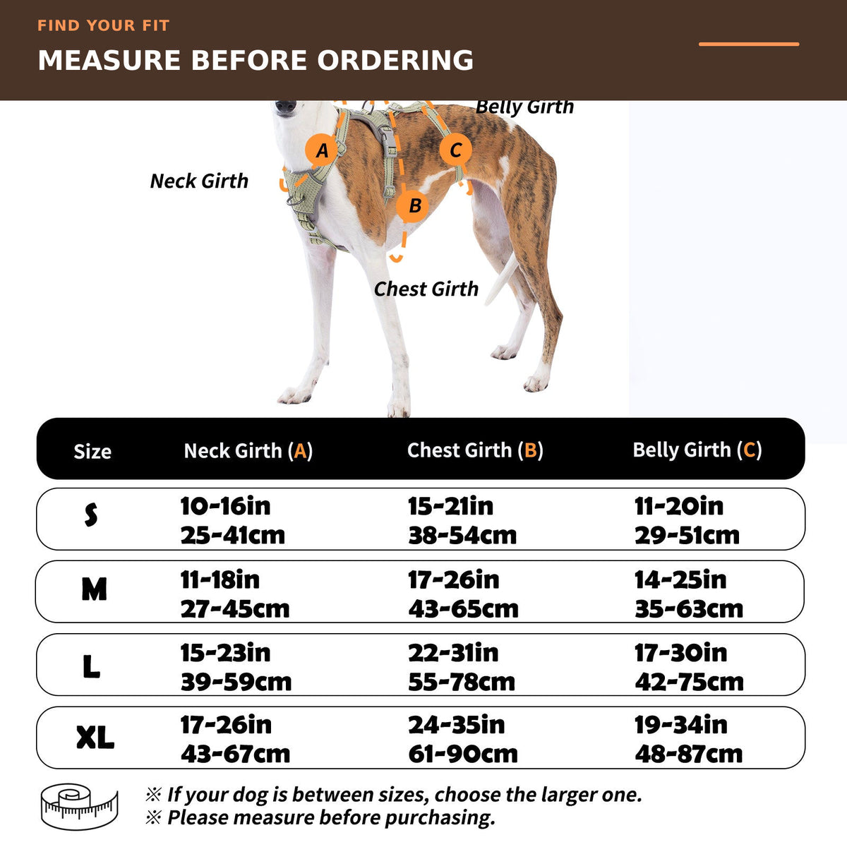 Huntboo Two-in-OneGuard Reflective dog harness in army green, size and measurement guide #color_army green