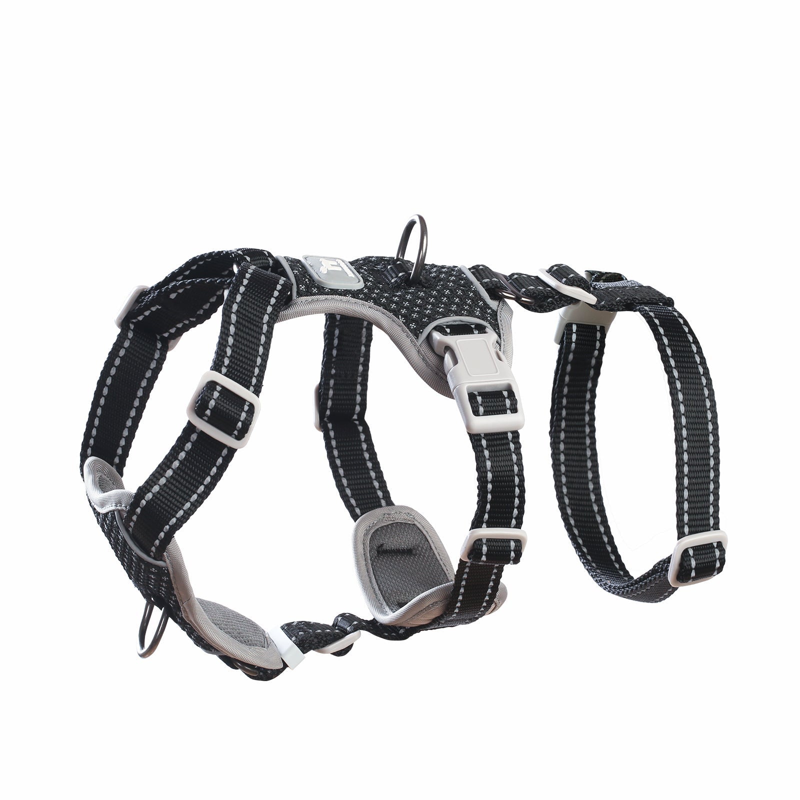 Huntboo Two-in-OneGuard Reflective dog harness in black, product view on a clean background #color_black